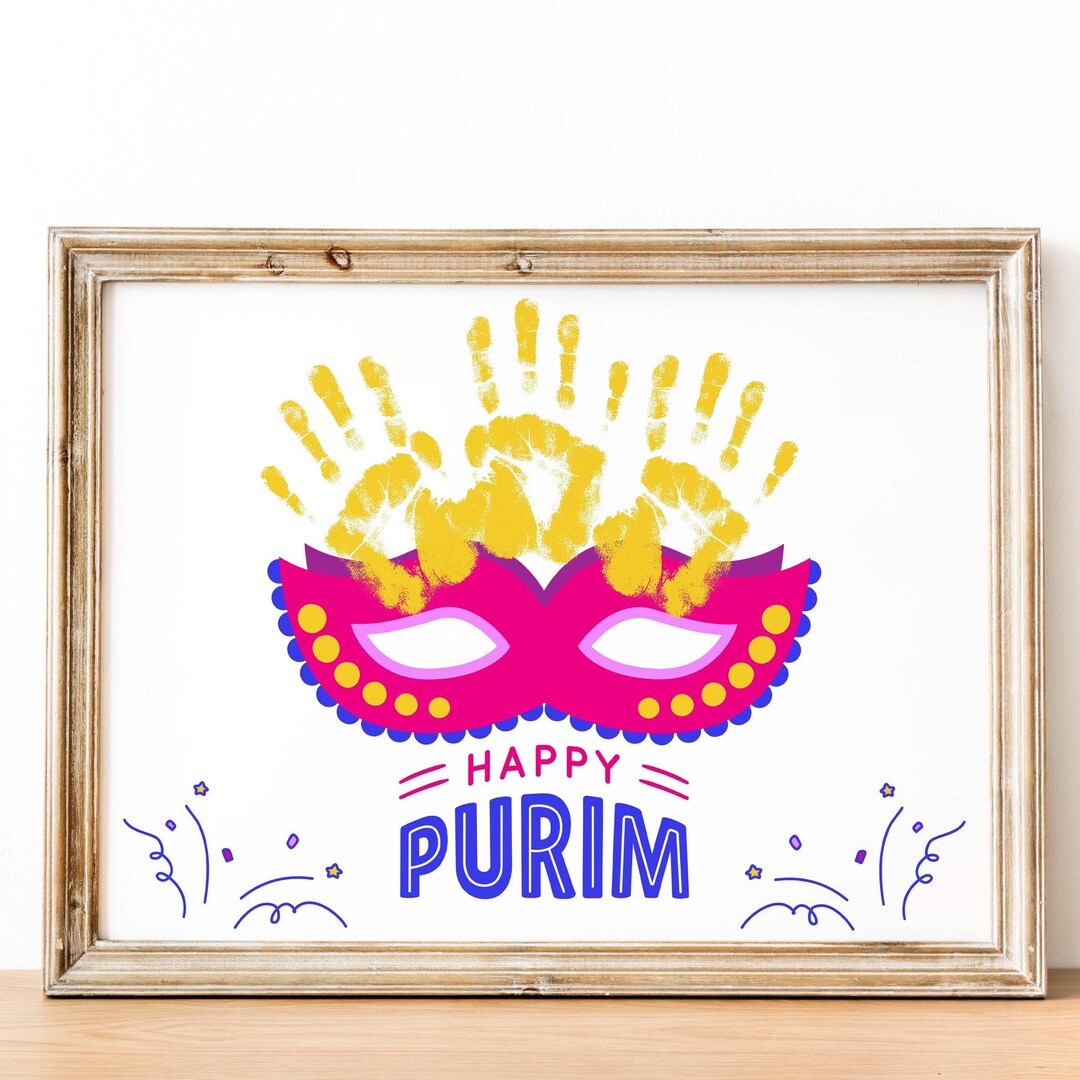 Purim Mask Handprint Art, Jewish Holiday Craft, Happy Purim Card ...