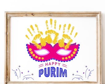 Arte con huella de mano de máscara de Purim, manualidad para festividades judías, tarjeta de Purim, recuerdo imprimible