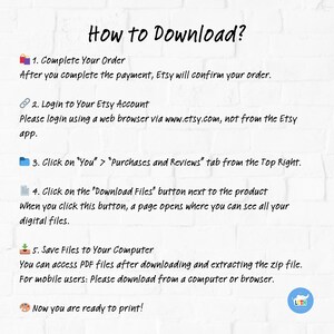 Op de afbeelding: Een witte afbeelding met de titel "How to Download?" en genummerde stappen die uitleggen hoe je bestanden van Etsy kunt downloaden na aankoop. Instructies omvatten het voltooien van de bestelling, inloggen en het opslaan van bestanden.