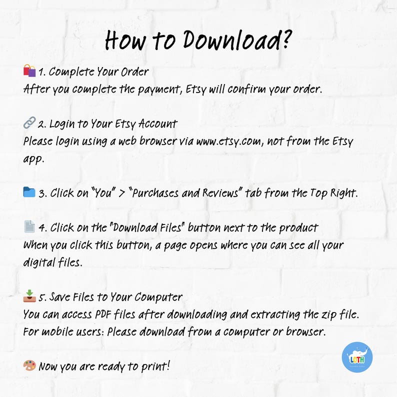 Op de afbeelding: Een witte afbeelding met de titel "How to Download?" en genummerde stappen die uitleggen hoe je bestanden van Etsy kunt downloaden na aankoop. Instructies omvatten het voltooien van de bestelling, inloggen en het opslaan van bestanden.