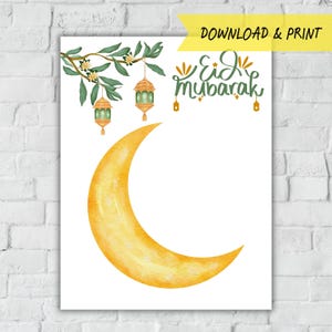 May include: Watercolor illustration featuring a crescent moon, lanterns, and foliage. The phrase "Eid Mubarak" is written in green script. The image is a downloadable print, perfect for Islamic celebrations.
