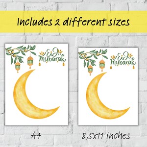 May include: Two white rectangular prints with a watercolor design. Each print features a yellow crescent moon, green branches, lanterns, and the text "Eid Mubarak". One print is labeled "A4" and the other is labeled "8.5x11 inches". The text "Includes 2 different sizes" is at the top.