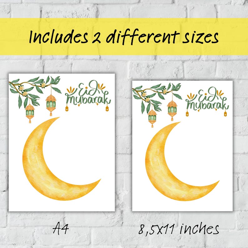 May include: Two white rectangular prints with a watercolor design. Each print features a yellow crescent moon, green branches, lanterns, and the text "Eid Mubarak". One print is labeled "A4" and the other is labeled "8.5x11 inches". The text "Includes 2 different sizes" is at the top.