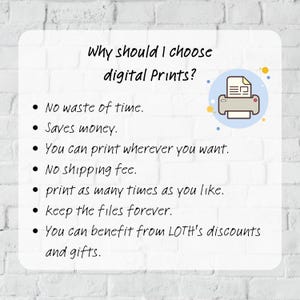 May include: A white rectangular graphic with the text "Why should I choose digital Prints?" and bullet points listing benefits. An illustration of a printer is in the upper right corner. The background is a white brick wall.