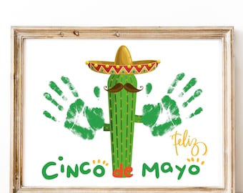 Feliz Cinco de Mayo, Cactus Handprint Art, Mexican Fiesta Keepsake, Preschool & Daycare Activity (Digital Download)