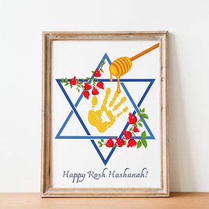 Artisanat d'empreintes de main de Roch Hachana pour enfants - oeuvre d'art imprimable Shana Tova, souvenir du nouvel an juif pour bébé, tout-petit et activité préscolaire