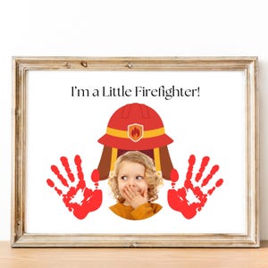 Kleiner Feuerwehrmann, Feuerwehrmann Handabdruck Kunst, Brandsicherheits Woche Handwerk, Gemeinschaftshelfer Aktivität, druckbares Fotoandenken, Kindertages- und Vorschulaktivität