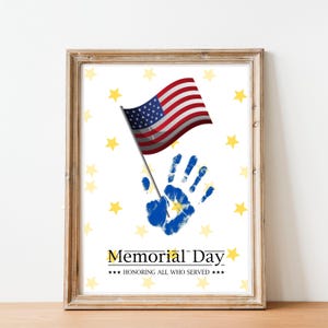 Manualidad con huella de mano para el Día de los Caídos, Arte con huella de mano de la bandera de EE. UU., Actividad infantil para el Día de los Caídos, Recordar y honrar, Manualidad patriótica para guarderías y preescolares
