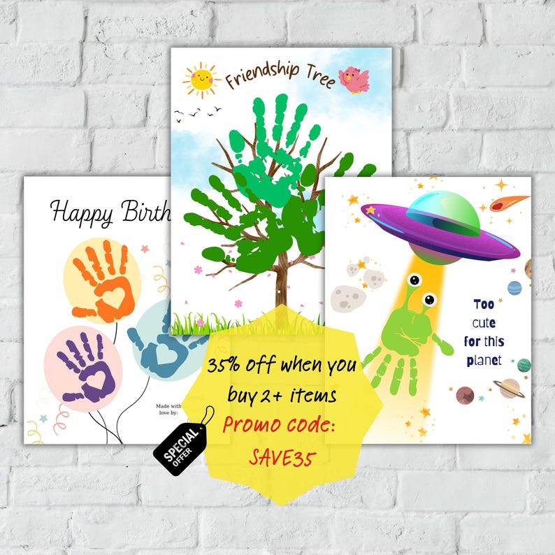 May include: Three colorful art prints with handprint designs. One says "Happy Birth" with handprint balloons. Another depicts a handprint tree with the text "Friendship Tree." The third shows an alien with the text "Too cute for this planet."