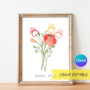 Canva Editable Dog Paw Print Keepsake, Flower Bouquet Paw Print Art, Dog Cat Animal Pet New Puppy Paw Print Gift, Dog Loss Memorial Gift