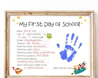 Manualidad de huellas de manos para el primer día de clases, cuestionario de regreso a clases 2026, recuerdo de la entrevista para jardín de infantes y preescolar