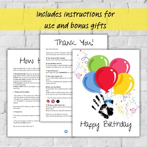 Op de afbeelding: Een afdrukbare verjaardagskaart met kleurrijke ballonnen en een handafdruk. De kaart zegt "Happy Birthday" in een handgeschreven lettertype. Inclusief instructies en bonusgeschenken.