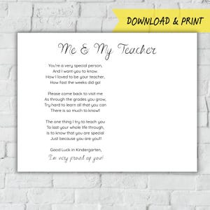 May include: A white print with the text "Me & My Teacher" and a poem. The poem includes lines about a teacher's love and pride for a student. A yellow banner at the top reads "DOWNLOAD & PRINT".