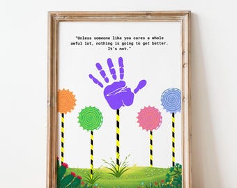 Truffulabomen handafdruk kunst, Dr. Seuss Week Craft, de Lorax Tree, Read Across America, Seuss Birthday Craft, afdrukbare activiteit