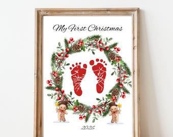 Baby’s First Christmas Footprint Art, Printable 2026 Holiday Gift, Infant & Newborn Memory Keepsake