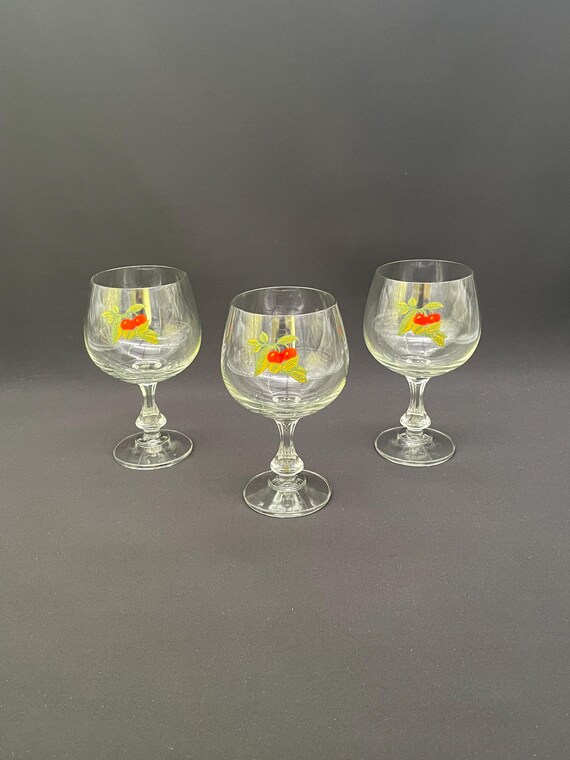 Vintage Kirschweingläser, 3er-Set, handdekorierte Stielgläser