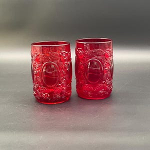 Rare Moser Ruby Glass Tumblers, Early 1900s Molded Floral Relief, Pair, Karlovy Vary