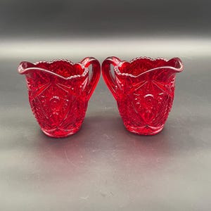 Dazzell Viking Art Glass Ruby Red Creamers, England, ca. 1950–1965