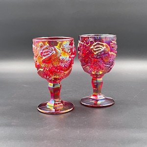 Ruby Red Iridescent Carnival Glass Goblets Pair with Raised Rose Design