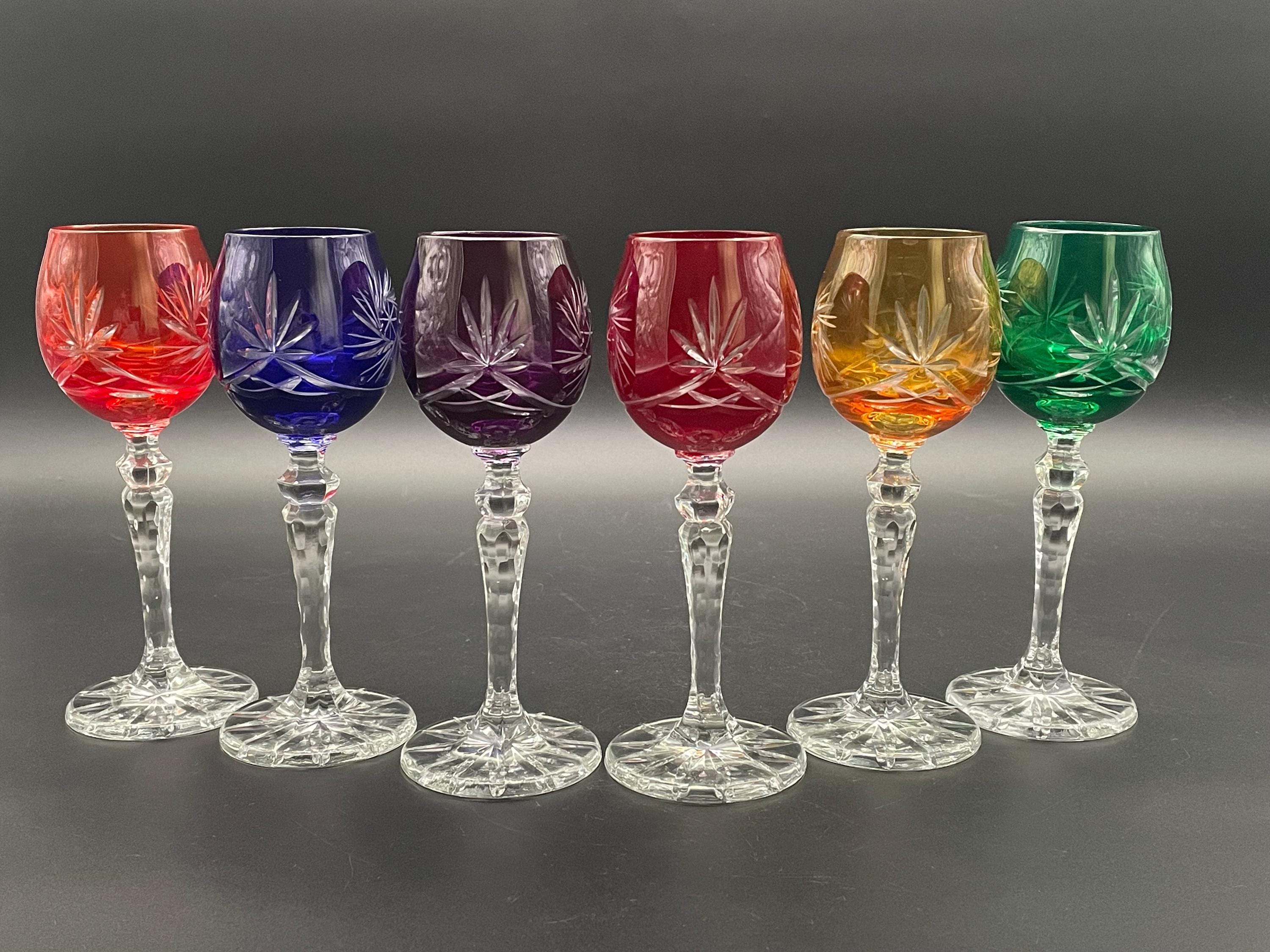 Bohemian Crystal Wine Glasses Set of Six Multicolor Hand Cut to