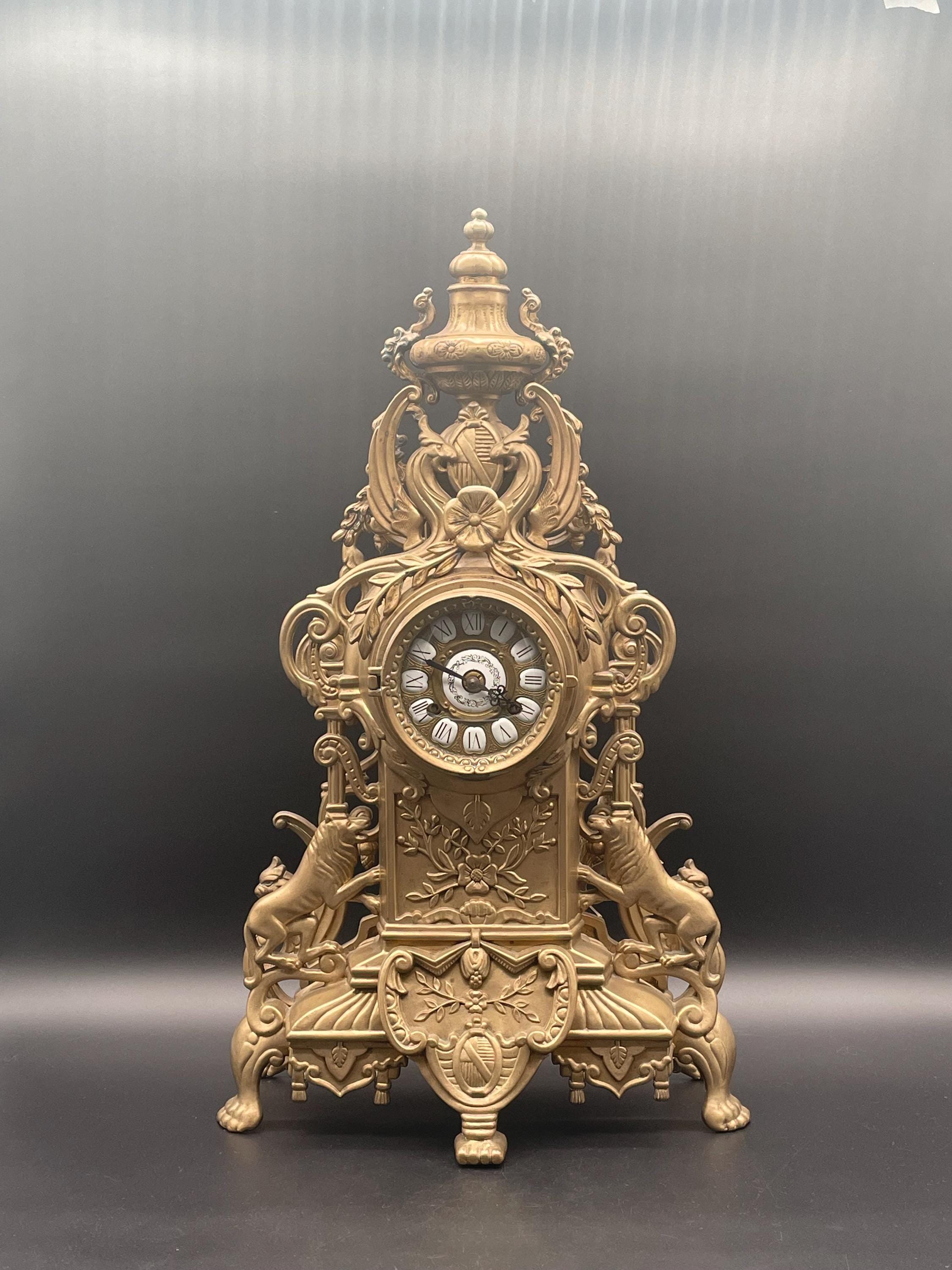 Rare French Heraldic Lions Gilt Bronze Mantel Clock, Circa 1880