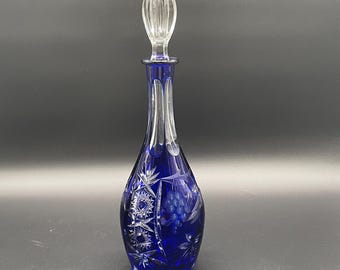 Bohemian Cobalt Blue Cut Crystal Decanter with Stopper, Hand-Cut, CA. 1950–1970
