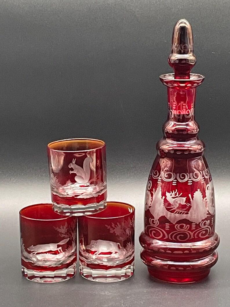 ボヘミアン エガーマン ルビーレッド クリスタル デキャンタ セット 森