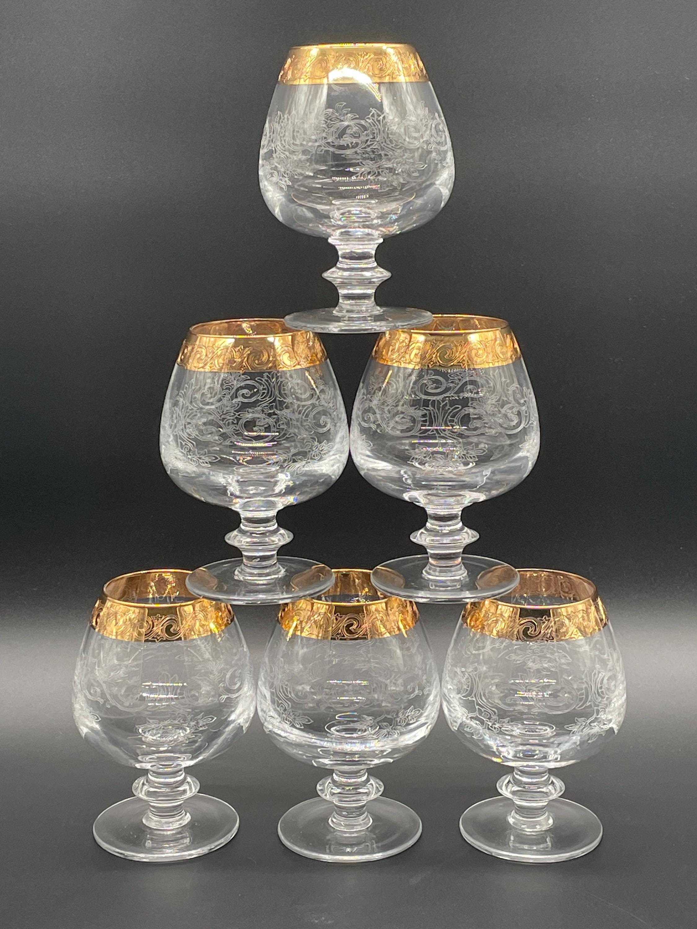 6個セット　ボヘミアンブランデーグラス ボヘミアンクリスタルのブランデーグラス6個セット、24金縁と花の彫刻