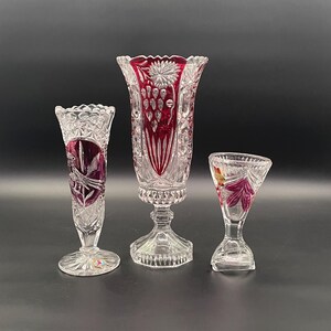 German Ruby Cut-to-Clear Crystal Vase Collection – Hofbauer 24% Lead Crystal – 3 Pieces – 1970–1990