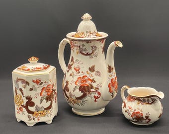 Zestaw do herbaty Mason's Brown Velvet English Ironstone z lat 50. XX wieku z dzbankiem do kawy i cukierniczką oraz śmietanką