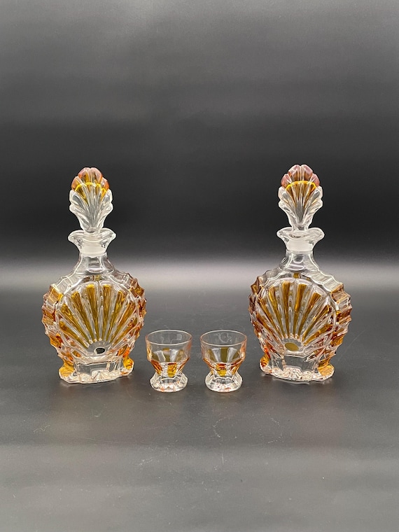 Rare Mid Century Western German Crystal Decanter Set Amber
