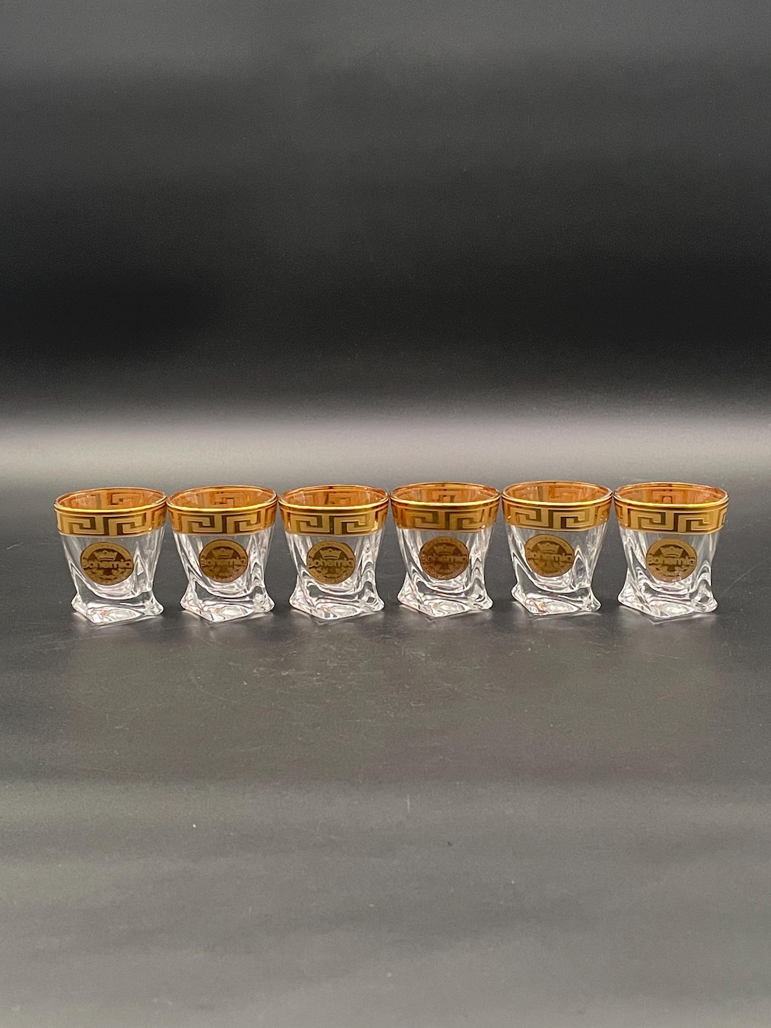 Bohemia Crystal Shot Glasses 24K Gold Greek Key Rim Set of 6