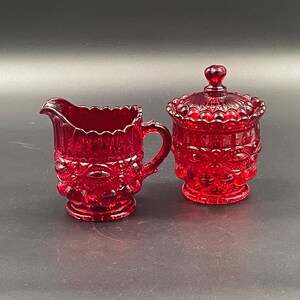 Luxury Ruby Red Glass Creamer and Sugar Bowl Set Mid 20th Century