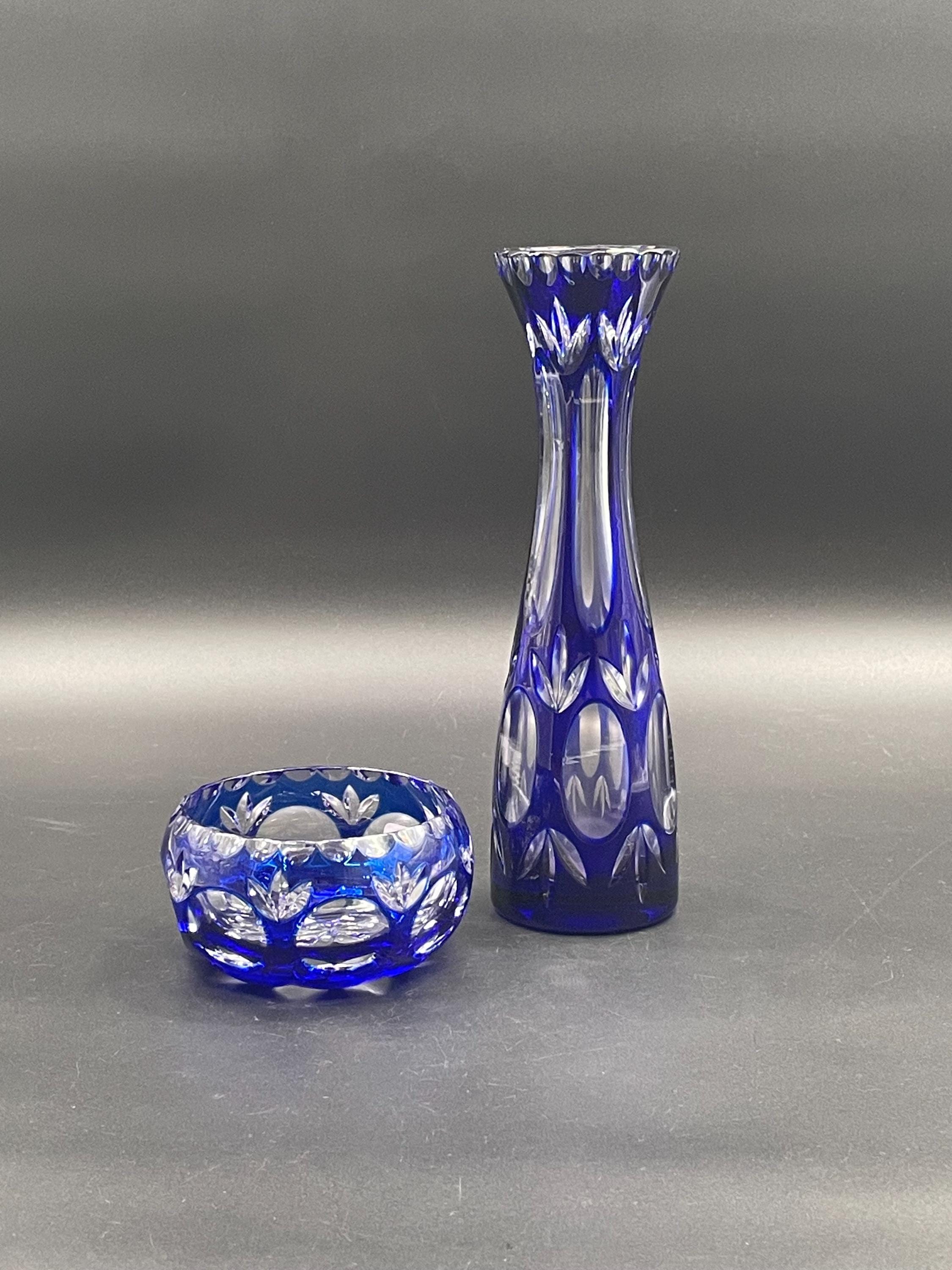 German Cobalt Blue Bleikristall 24% Lead Crystal Vase and Bowl Set, Hand Cut Crystal Ca. 1980s