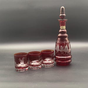 Bohemian Egermann Ruby Red Crystal Decanter Set with Forest Animals Czech Hand Engraved Glass