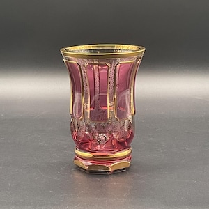 Rare Bohemian Ruby Red Cut Glass Vase with Gilded Decoration, Attributed to Steiner & Vogel, ca. 1930s–1950s