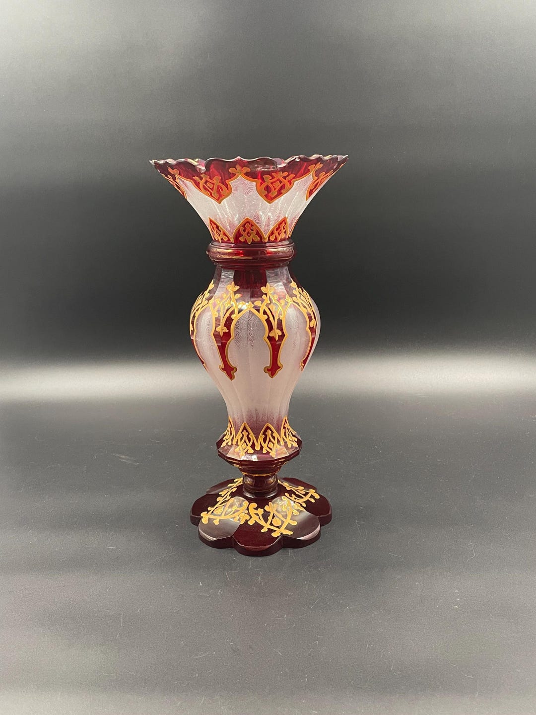 Imperial Ruby Elegance – Gilded Bohemian Crystal Vase, Harrach