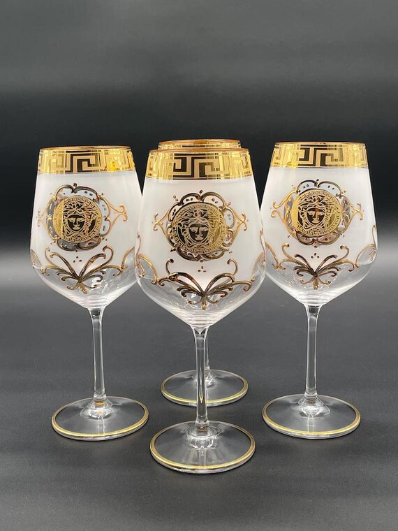 Set of 4 Bohemia Crystal Wine Glasses  White Frosted With 24K Gold Greek  Key & Medusa Motif  Czech Republic Vintage - Etsy Israel
