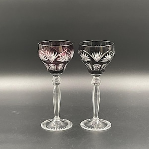 Imperial Bohemian Masterpieces - Pair of Ruby and Smoky Amber Optical Engraved Goblets (Harrach Ruckl School ca 1875-1890)
