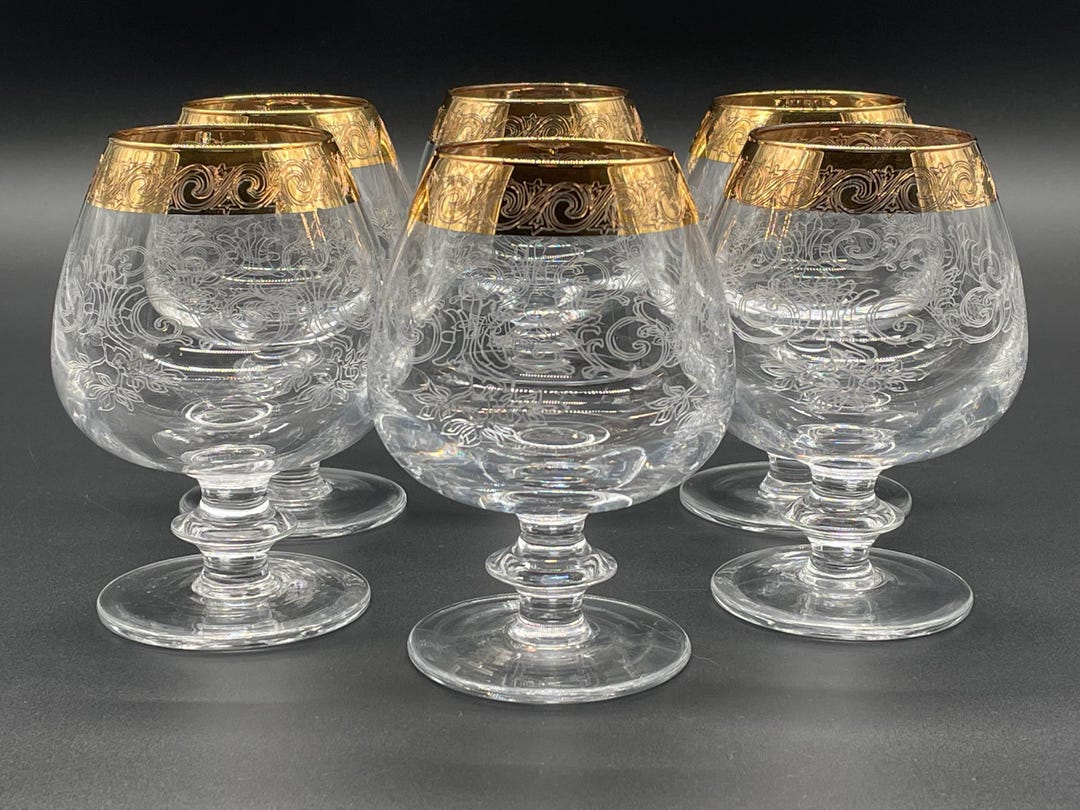 ボヘミアンクリスタルのブランデーグラス6個セット、24金縁と花の彫刻