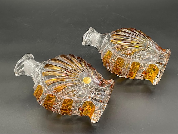 Rare Mid Century Western German Crystal Decanter Set Amber