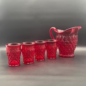 Robijnrode “Eye Winker” waterset Mosser Glass Cambridge Ohio USA ca. Jaren 70