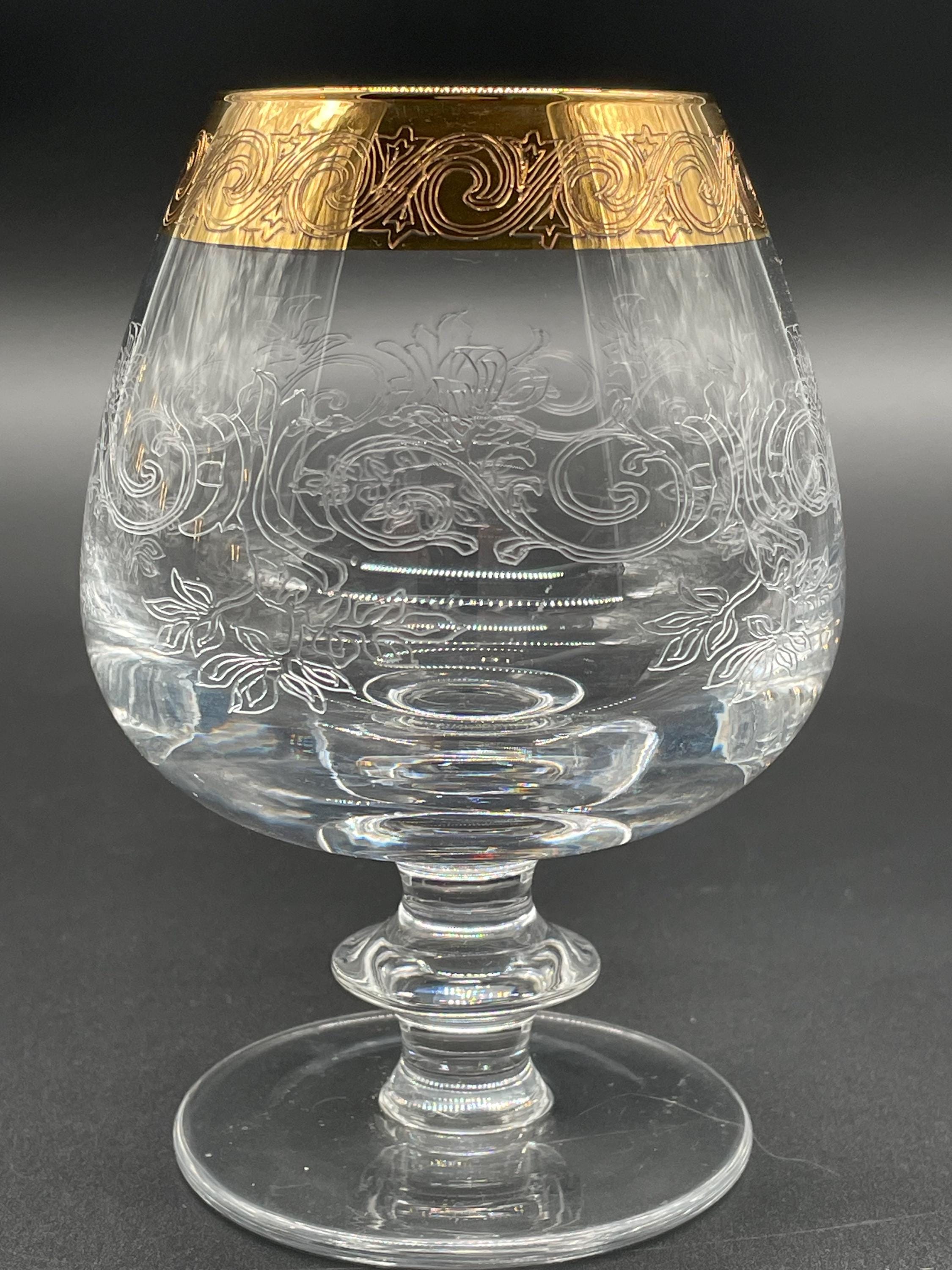 6個セット　ボヘミアンブランデーグラス ボヘミアンクリスタルのブランデーグラス6個セット、24金縁と花の彫刻