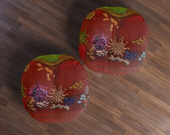 Round Tufted Floor Pillow with Microorganism Art Design, Unique Home Decor, Artistic Decorative Cushion, Unique Gift, Gift for Art Lovers