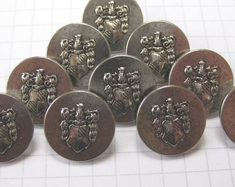 10 Small Silver Metal Coat of Arms Shank Buttons