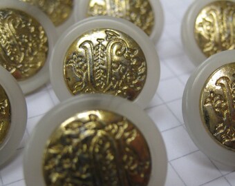 10 Small Gold Metal and White Plastic Shank Buttons