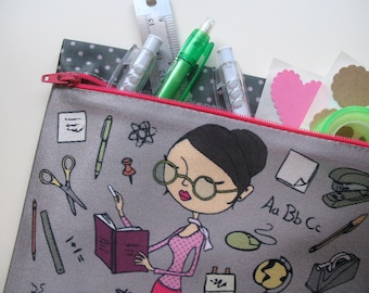 zipper pouch pencil case, clutch, purse, woman, lecturer, teacher, grey, cute