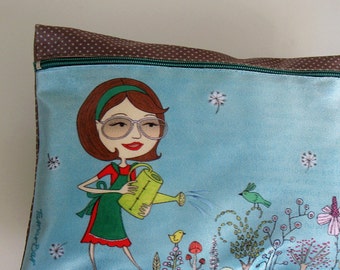 zipper pouch, clutch, purse, woman, garden, blue, cute, pencil case, illustration, flowers