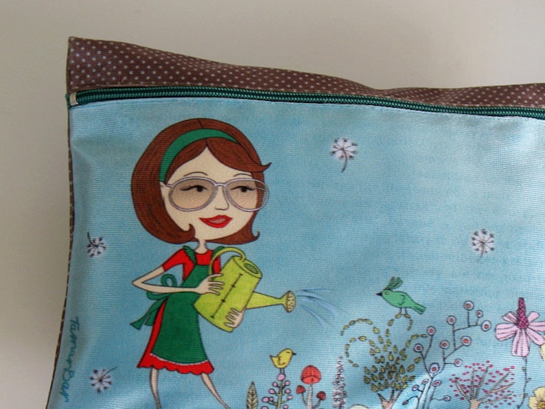 illustration clutch pencil case zipper pouch cute woman flowers blue purse garden