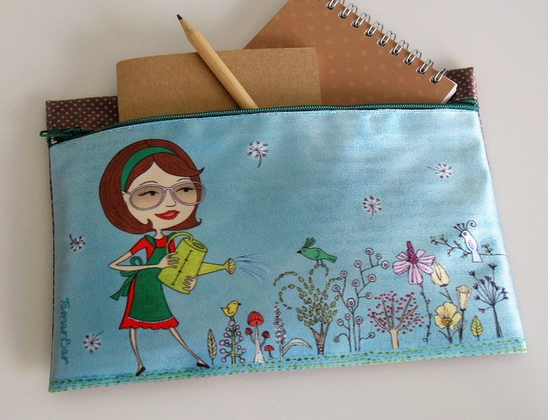 illustration clutch pencil case zipper pouch cute woman flowers blue purse garden